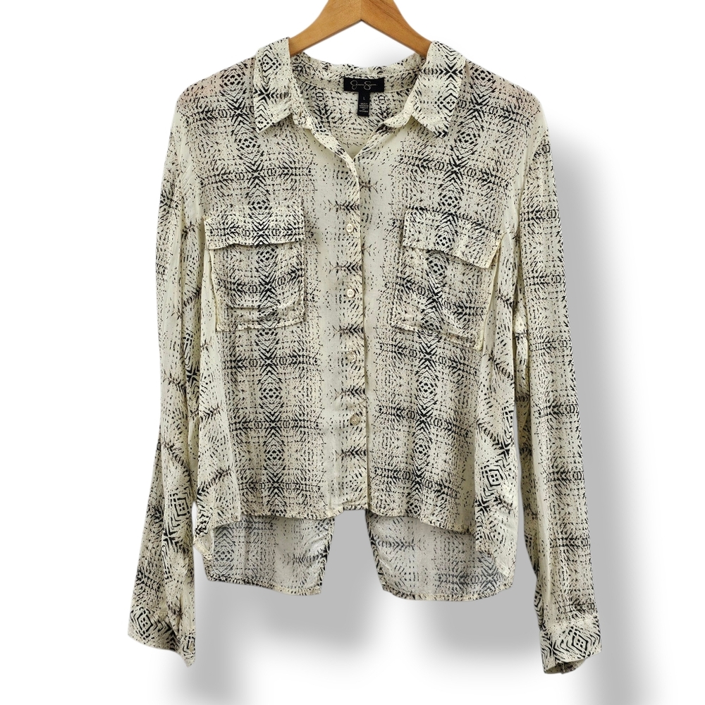 Jessica Simpson Button Down Shirt Black Cream Split Back Lightweight Layering